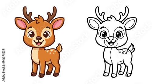 Cute Cartoon Reindeer Coloring Book Page Illustration for Kids