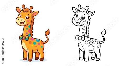Giraffe Coloring Page Cartoon Character Design Illustration