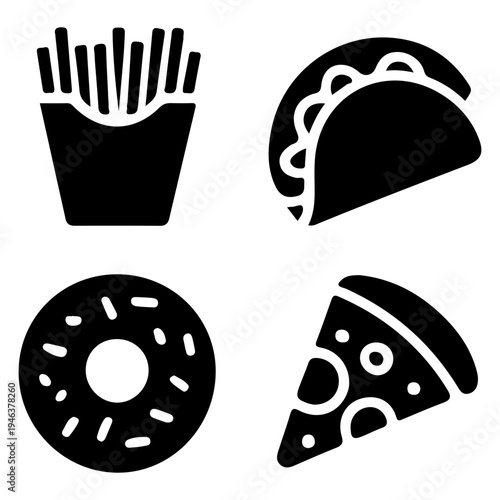 A collection of fast food icons french fries taco donut and pizza