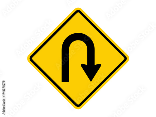 Free Download High-quality yellow u-turn road sign vector graphic featuring a bold black curved arrow to indicate a change in direction and is professionally isolated on transparent background. - GFXLoad