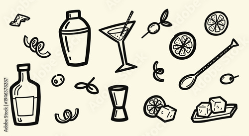 Cocktail Bar Essentials Doodle Collection With Shaker Martini Glass Bottle Ice Cubes And Citrus Slices