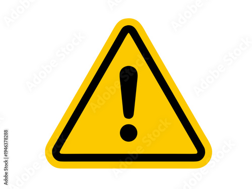 Striking yellow triangular warning sign icon featuring a centered black exclamation mark to signal caution or hazard and is conveniently isolated on transparent background.