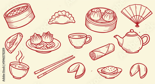 Chinese Food and Drink Icons Hand Drawn Sketch Style