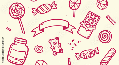 Hand drawn doodle pattern of various candies and sweets on a cream background