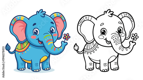 Cute Cartoon Elephant with Flower Coloring Page for Kids