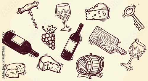 Hand Drawn Wine And Cheese Elements For Celebration And Tasting Events