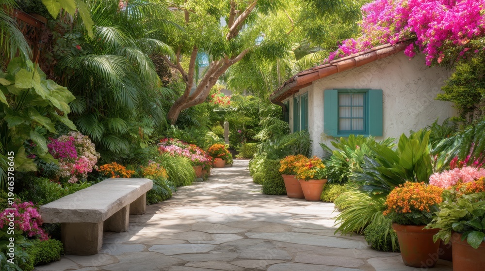 Fototapeta premium Serene Garden Pathway Surrounded by Colorful Blooms and Lush Greenery in a Tranquil Outdoor Space