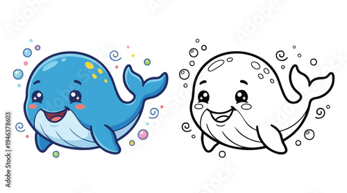 Cute Cartoon Whale Coloring Book Page Underwater