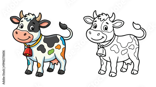 Cow Cartoon Coloring Page with Bell for Kids