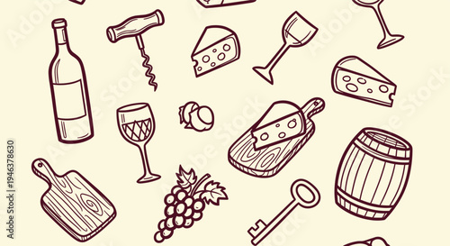 Hand drawn doodle pattern of wine and cheese elements on a light background