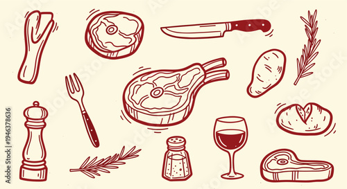 Hand Drawn Food Ingredients and Utensils for Cooking and Dining