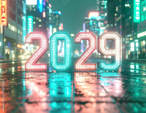 In 2029, the future is now. Blinding neon lights reflect off wet pavement, illuminating the path forward. Embrace the digital revolution. Shape your destiny. The time is now