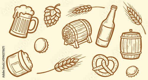 Vintage Beer Elements Collection Mug Barrel Bottle Hops Pretzel Wheat Ears and Caps