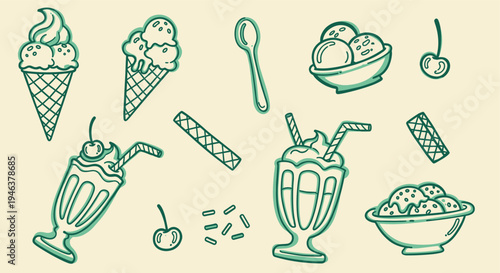 Hand Drawn Ice Cream Sundae and Cones Collection with Cherries and Wafers on Beige Background