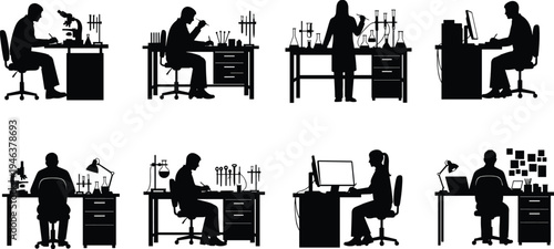 Scientist and researcher silhouettes working in laboratory and office with microscope, chemical equipment and computer, black vector illustration set for science research and technology concepts