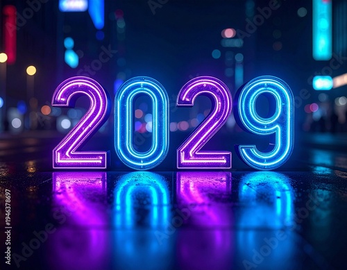 Step into the future with glowing neon 2029 typography on a wet reflective surface, set against a vibrant, high-tech cyberpunk city night background