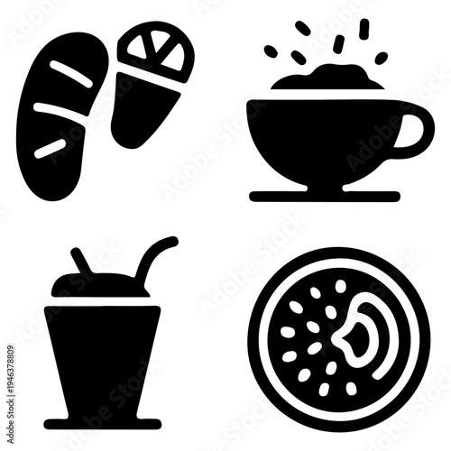 Breakfast foods and drinks bread coffee smoothie and fruit icons