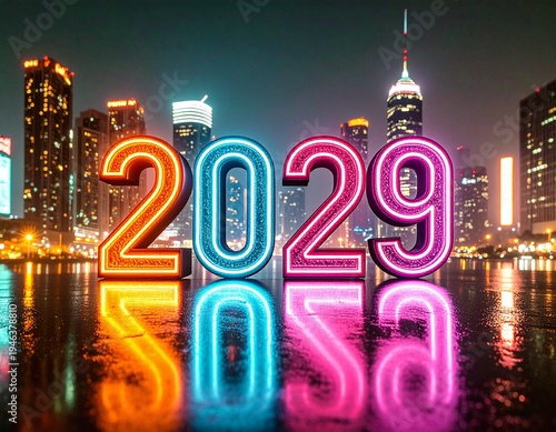 In 2029, the neon city pulses with vibrant, dripping colors. The future is a brilliant splash of glowing light against the dark urban skyline.