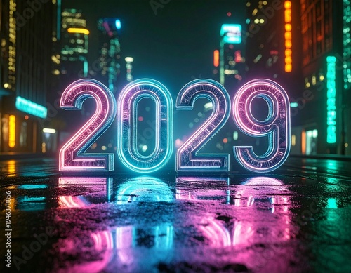 In 2029, the neon city pulses with vibrant, dripping colors. The future is a brilliant splash of glowing light against the dark urban skyline.