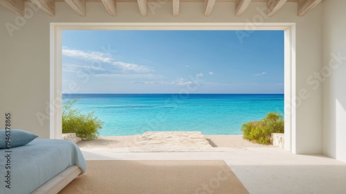 Serene Coastal View from Modern Bedroom with Ocean Waves and Clear Blue Sky at Tropical Beach