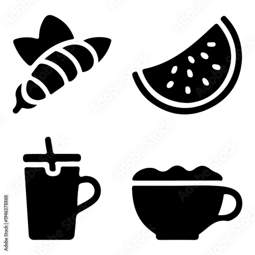 Simple black and white icons depicting various food and beverage items