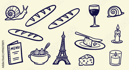French Cuisine and Paris Icons Doodle Collection