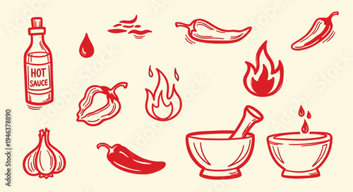 Spicy ingredients and hot sauce collection for cooking and culinary art