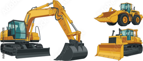Set of yellow construction heavy equipment including excavator bulldozer and wheel loader isolated on white background detailed industrial machinery illustration for engineering projects