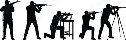 Sniper shooter silhouettes collection showing marksmen aiming with rifles in different shooting positions, black vector illustration isolated for military, hunting, tactical training 