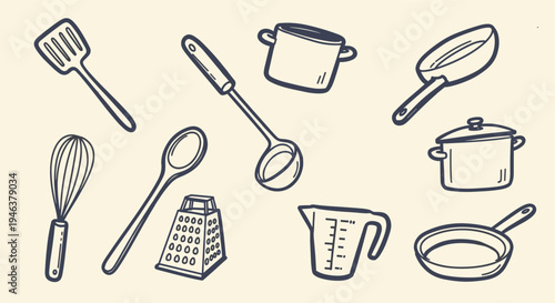 Hand Drawn Kitchen Utensils Collection Isolated on Beige Background