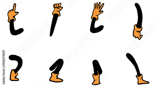Vintage retro hands in gloves and feet in shoes. Comic retro feet and hands in different poses. Isolated mascot character elements