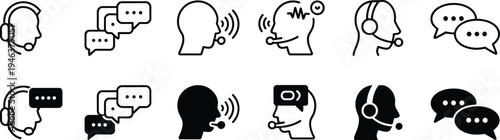 Black and white of people communicating with headsets and speech bubbles