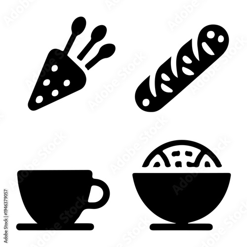 Black and white icons depicting a selection of food and beverages