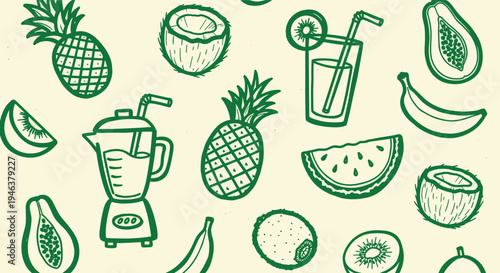 Healthy Tropical Fruit Smoothie Ingredients and Blender Hand Drawn Sketch Pattern