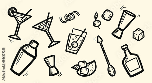 Hand drawn cocktail ingredients and bar tools collection on beige background