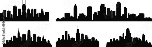 Urban city skyline silhouettes set with multiple metropolitan skylines and skyscraper panoramas, black vector illustration isolated for architecture design, 