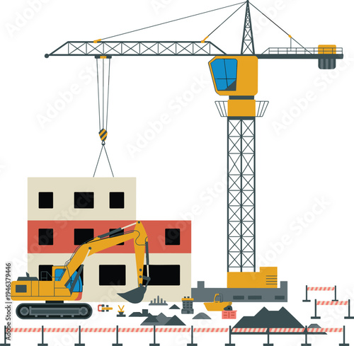 Tower crane lifting concrete block at urban construction site with excavator and building structure, industrial engineering machinery vector illustration for infrastructure development concept