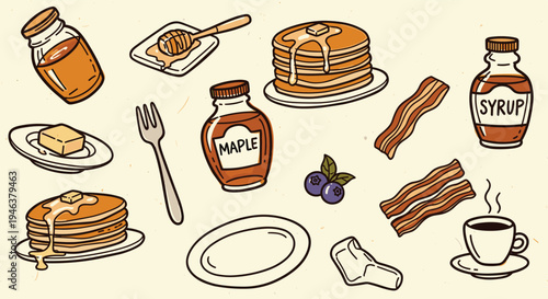 Delicious Breakfast Spread with Pancakes Syrup Bacon and Coffee