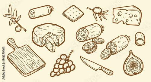Hand Drawn Sketch Of Charcuterie Board Ingredients With Cheese Sausage Olives Grapes Fig And Knife