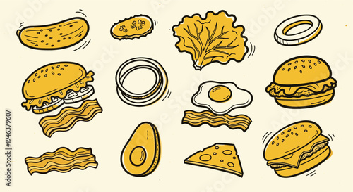 Burger Ingredients Collection Hand Drawn Style Food Illustration