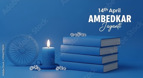 A solemn tribute to dr br ambedkar on his jayanti featuring books lit candles and the ashoka chakra on a blue background