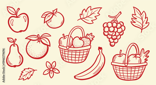 Hand drawn collection of fruits and leaves in red outline on a beige background