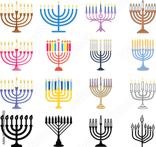 Hanukkah menorah candle icon set vector, jewish holiday symbol light flame tradition religion celebration festival design isolated graphic element set collection group for web app print.