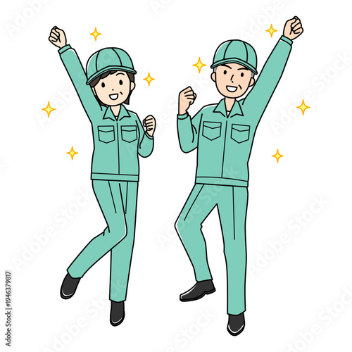 作業着姿の元気なベテラン男女のカラーイラスト（帽子あり）