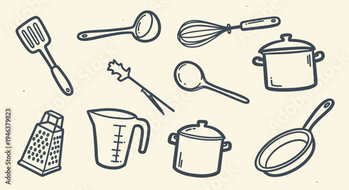 Collection of Hand Drawn Kitchen Utensils and Cookware on a Light Background