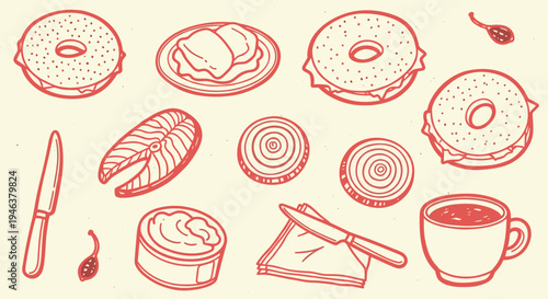 Hand drawn breakfast ingredients for bagels and coffee with salmon and onion slices