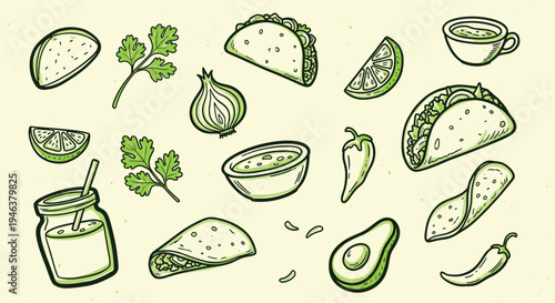 Hand drawn doodle set of mexican food ingredients and dishes like tacos and guacamole