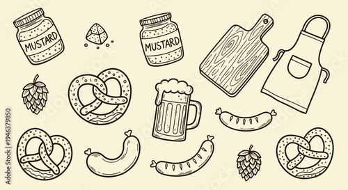 Bavarian Food and Drink Collection with Pretzels Sausages Mustard Beer and Hops Hand Drawn Sketch