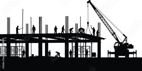 Black silhouette of construction site with crane and workers building high rise structure isolated on white background for industrial development and engineering concepts