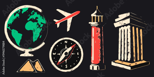 Travel icons including a globe airplane compass and ancient architecture